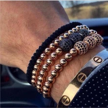 Hombres pulseras de macramé, 24 k oro plateado micro pave cz negro 6mm ronda del grano trenzado de macramé brazalete pulseira feminina