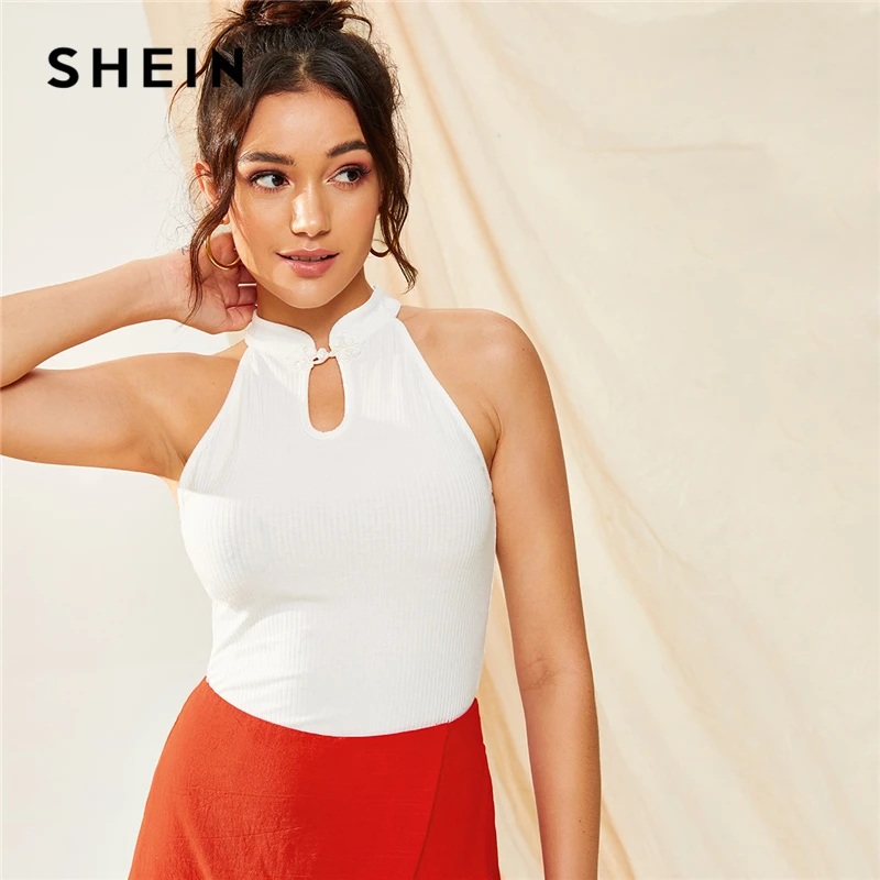 

SHEIN White Mandarin Collar Rib-knit Tank Top Summer Solid Cut-out Neck Slim Fitted Workwear Basics Elegant Tops Vests