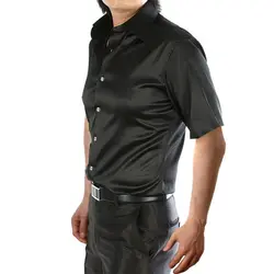 Черный Шелковый Шорты, рубашка гладкая атласная Для мужчин Твердые Смокинг Рубашка Бизнес CHEMISE Homme Повседневное Slim Fit блестящие свадебные