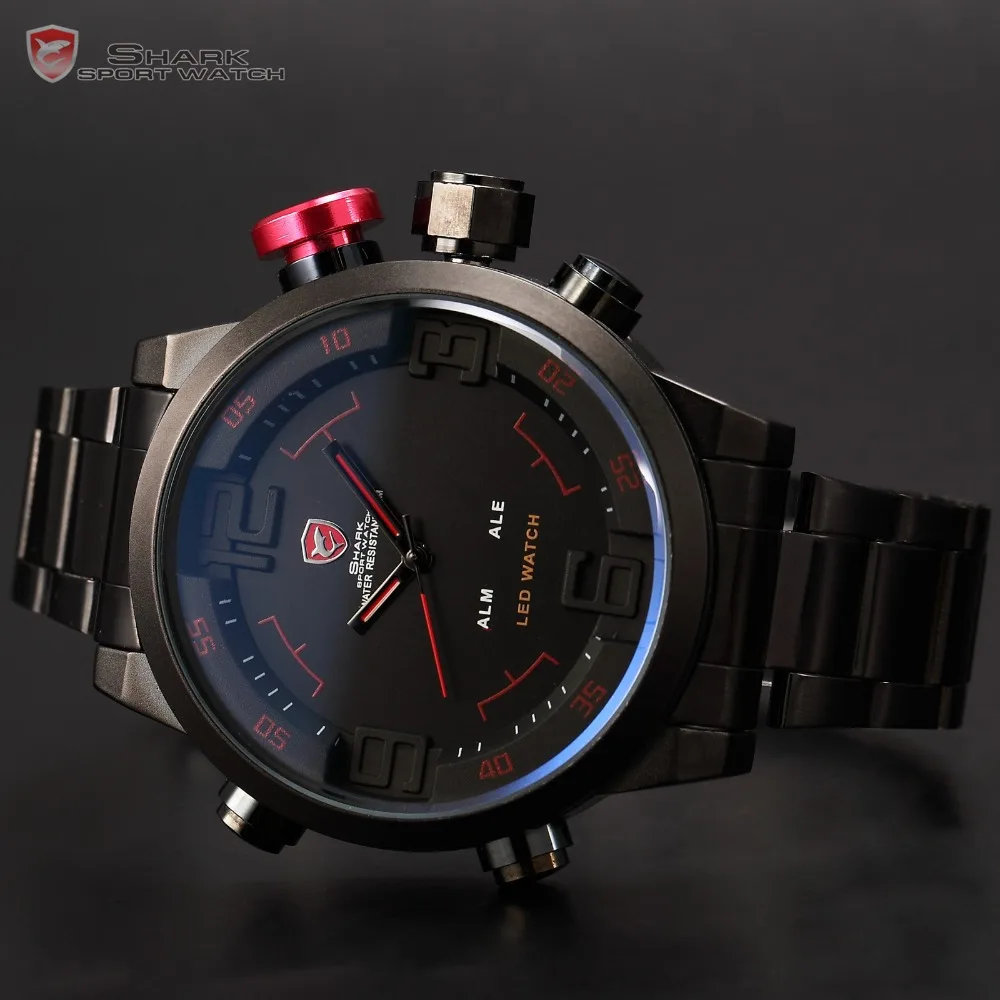  SHARK Sport Watch Brand Digital Dual Time Day LED Black Red Men Wristwatches Full Steel Strap Tag R