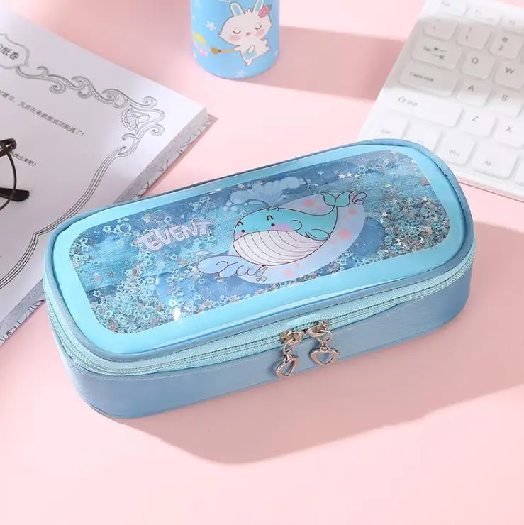 Kawaii Pencil Case Cartoon Anime Whale Stretch Double zipper Large Capacity Pencil Box Cute Pencilcase Kids School Stationery - Цвет: Синий