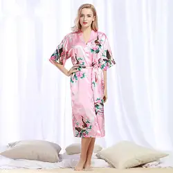 Роскошный шелковый Павлин халат для женщин летние пижамы Халаты кимоно атлас домашний роковой S-3XL