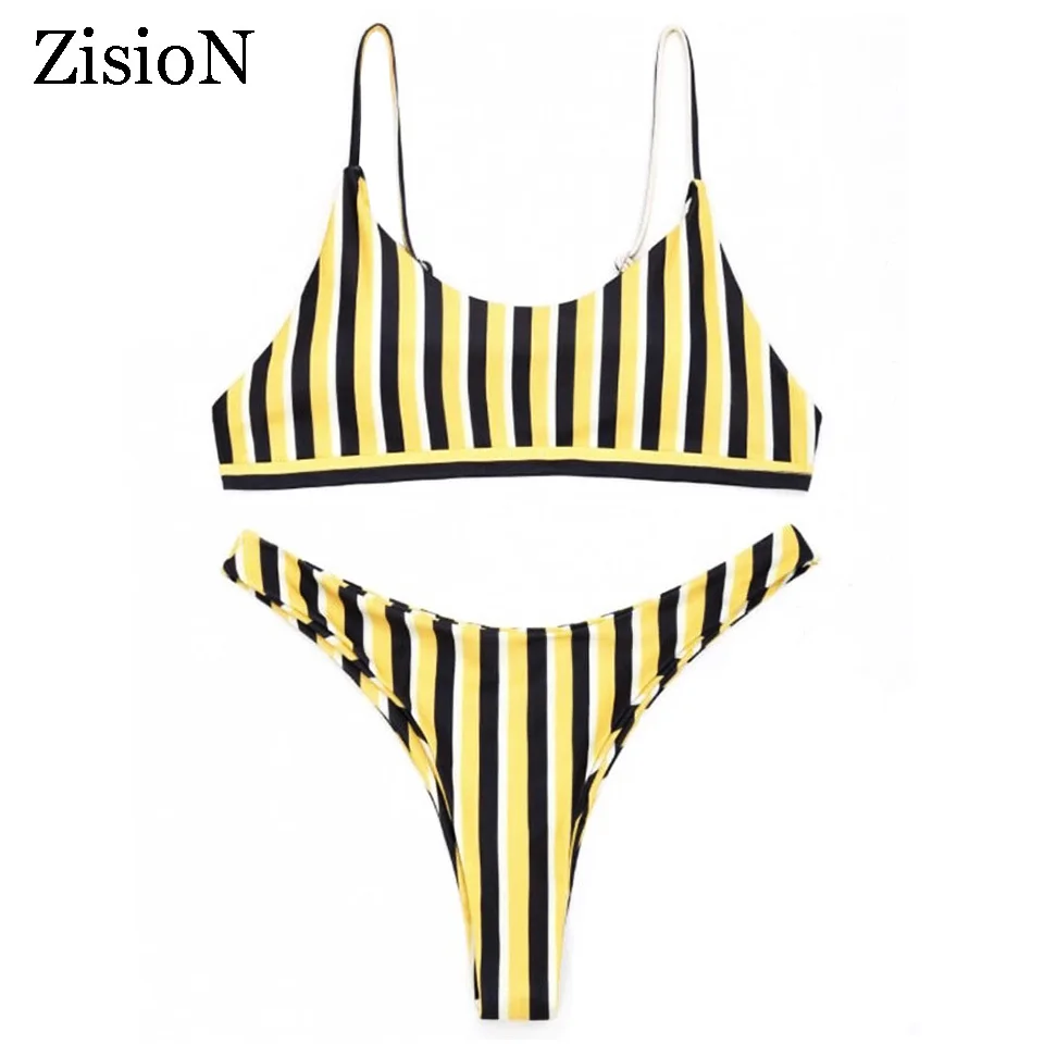 ZisioN 2018 желтое Полосатое сексуальное бикини женский купальник Бразильский