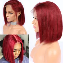 Красный короткий боб парик из человеческих волос 13x6 глубокий пробор перуанский Remy Бургундия Кружева Перед al парики prepucked Hairline xcsunny