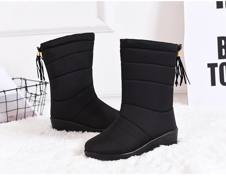 Wedges Down Boots Women Waterproof Winter Shoes Casual Platform Mid-Calf Warm Snow Boots Slip On Tassel Female Shoes Botas XZ70