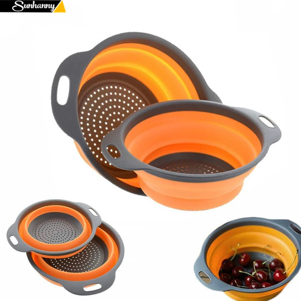 

Collapsible Silicone Colander Fruit Vegetable Washing Basket Filter Collapsible Drain With Handle Kitchen Tool