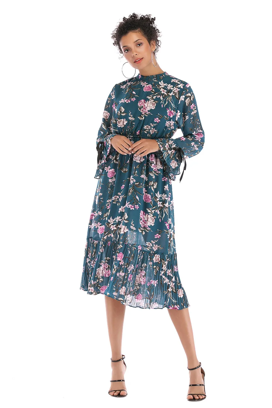 Gladiolus Floral Print Spring Autumn Women Dress 2019 O-Neck Lace Up Flare Sleeve Tunic Chiffon Dress Women Midi Party Dresses (14)