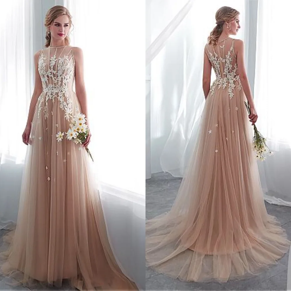 Тонкое Тюлевое украшение декольте Прозрачный лиф А-силуэт свадебное платье с кружевной аппликацией темно-цвета шампанского свадебное платье