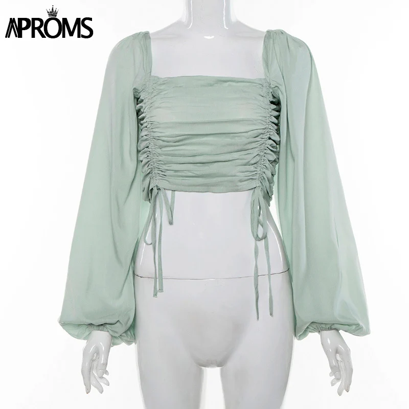  Aproms Vintage Square Neck Lantern Sleeve Blouse Shirt Women Ruched Pleated Short Blouses Streetwea