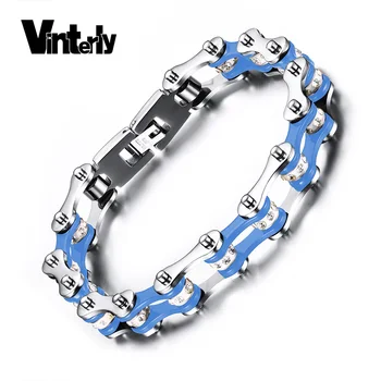 

Vinterly 316L Stainless Steel Bracelet Men Shiny Rhinestones Punk Design Blue White Biker Bicycle Motorcycle Chain Bangles