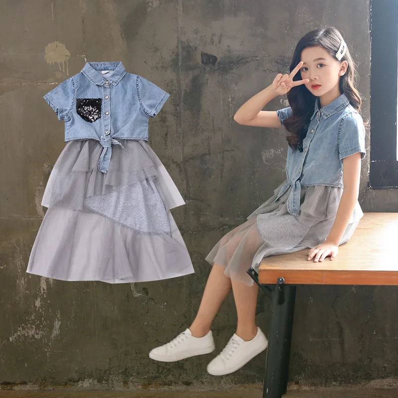 Fashion Girls Clothes Sets Summer Kids Denim Coats Top And Strap Dress Set Children Clothing Teens Girl Coats Sequin Dress Suit (6)