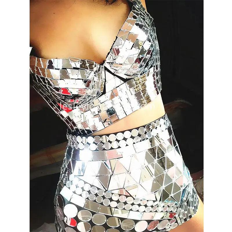 

Bar gogo handmade silver lens high waist leather pants lens shorts sequin costume nightclub women Stage performance set