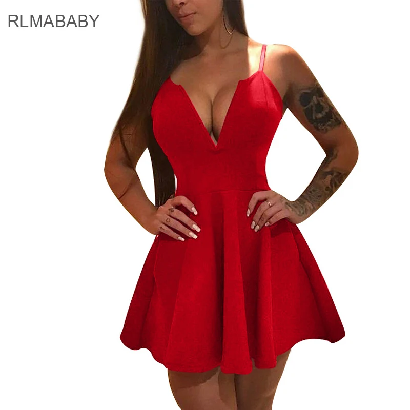 RLMABABY Sexy Deep V Neck Red Mini Dress Red Sleeveless Backless Bodycon Women Vestidos Night 