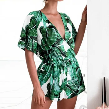 

Boho Multicolor Tropical Print Self Belted Wrap Romper Women Short Sleeve V Neck Playsuit Summer Casual Playsuit