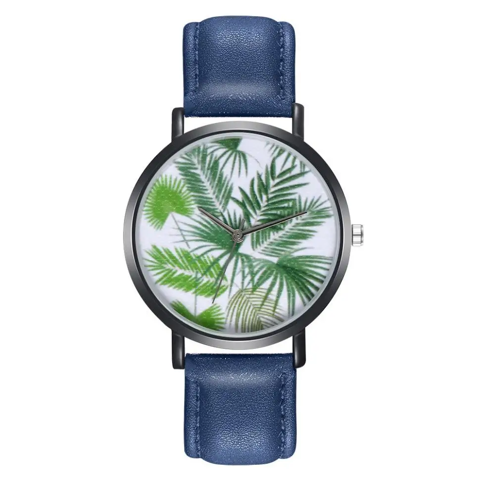 

18 Girls new Fashion Plant pattern Draws watches Womens Faux Leather Analog Quartz Wrist Watch simple Ladies bracelet clock A75