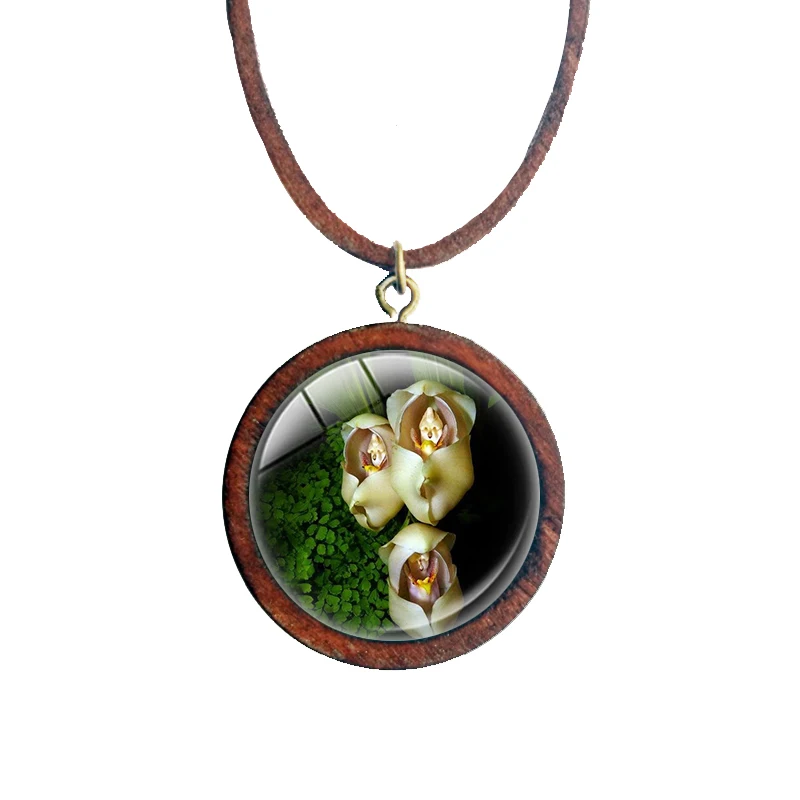 Babies In A Blanket Orchid Flower Wood Glass Dome Necklace Mothers Day Gift Pendant Wedding Jewelry Soft Leather Suede Chain | Украшения и