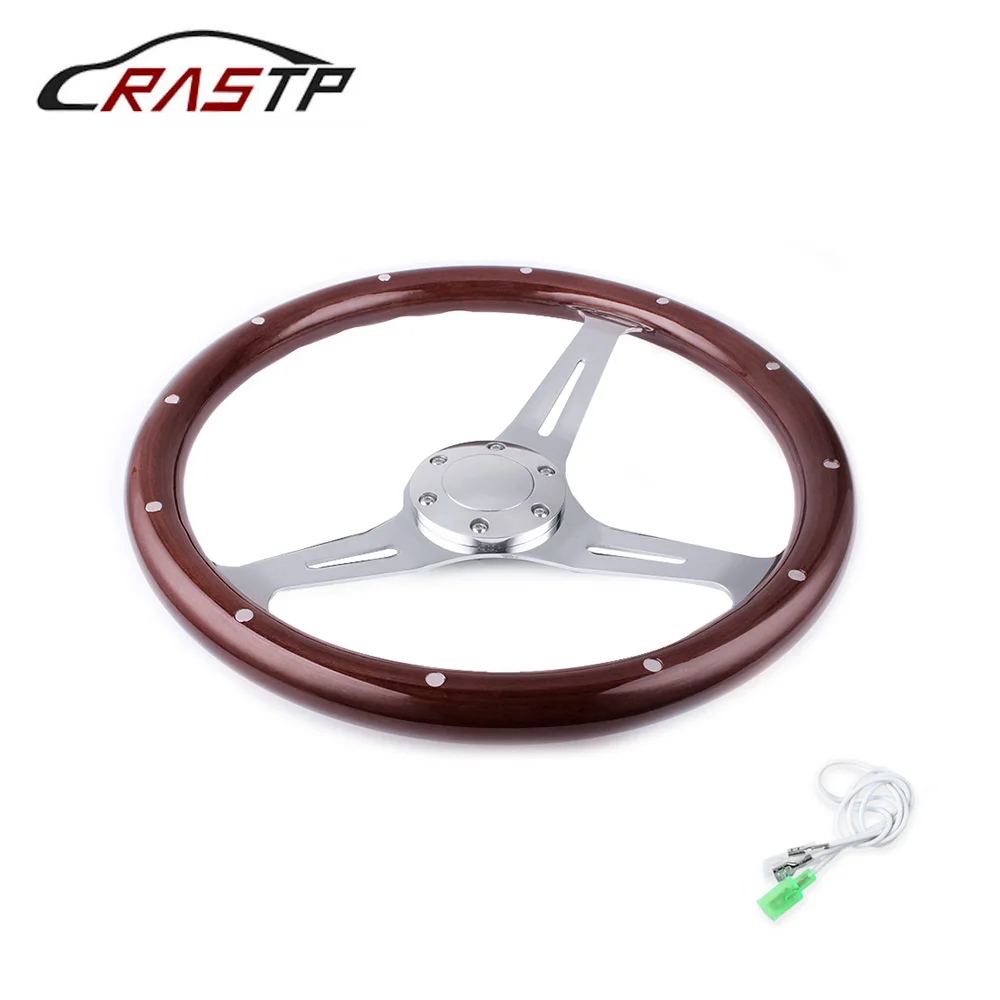 

High Quility 15inch 380mm Steering Wheel Classic Sport Wooden Grain Silver Brushed Spoke Chrome Steering Wheel RS-STW015-B