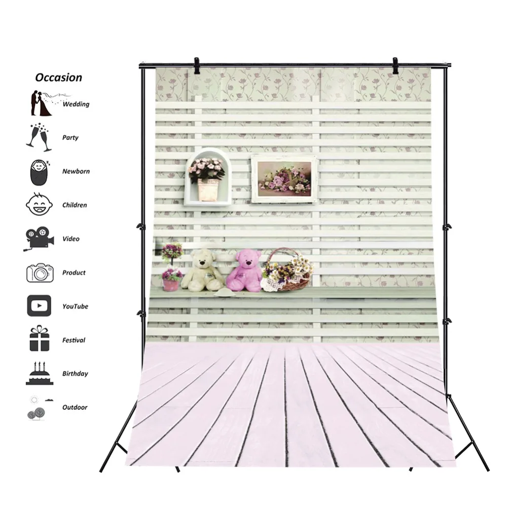 

Laeacco Gray Wooden Shelf Floor Baby Teddy Bear Basket Flower Pattern Wall Photographic Backdrop Photo Backgrounds Photo Studio