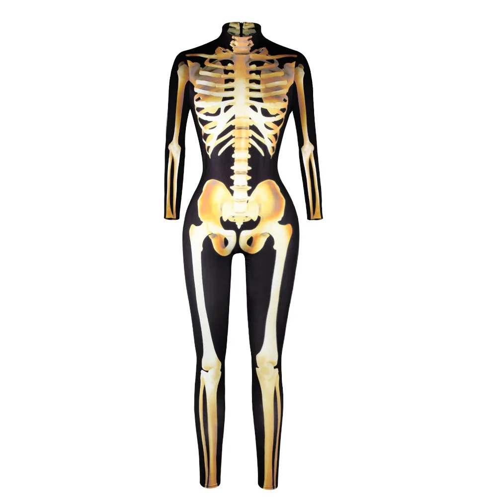 2017 New Halloween Costume Golden Skeleton Bone Frame Women Jumpsuit-3