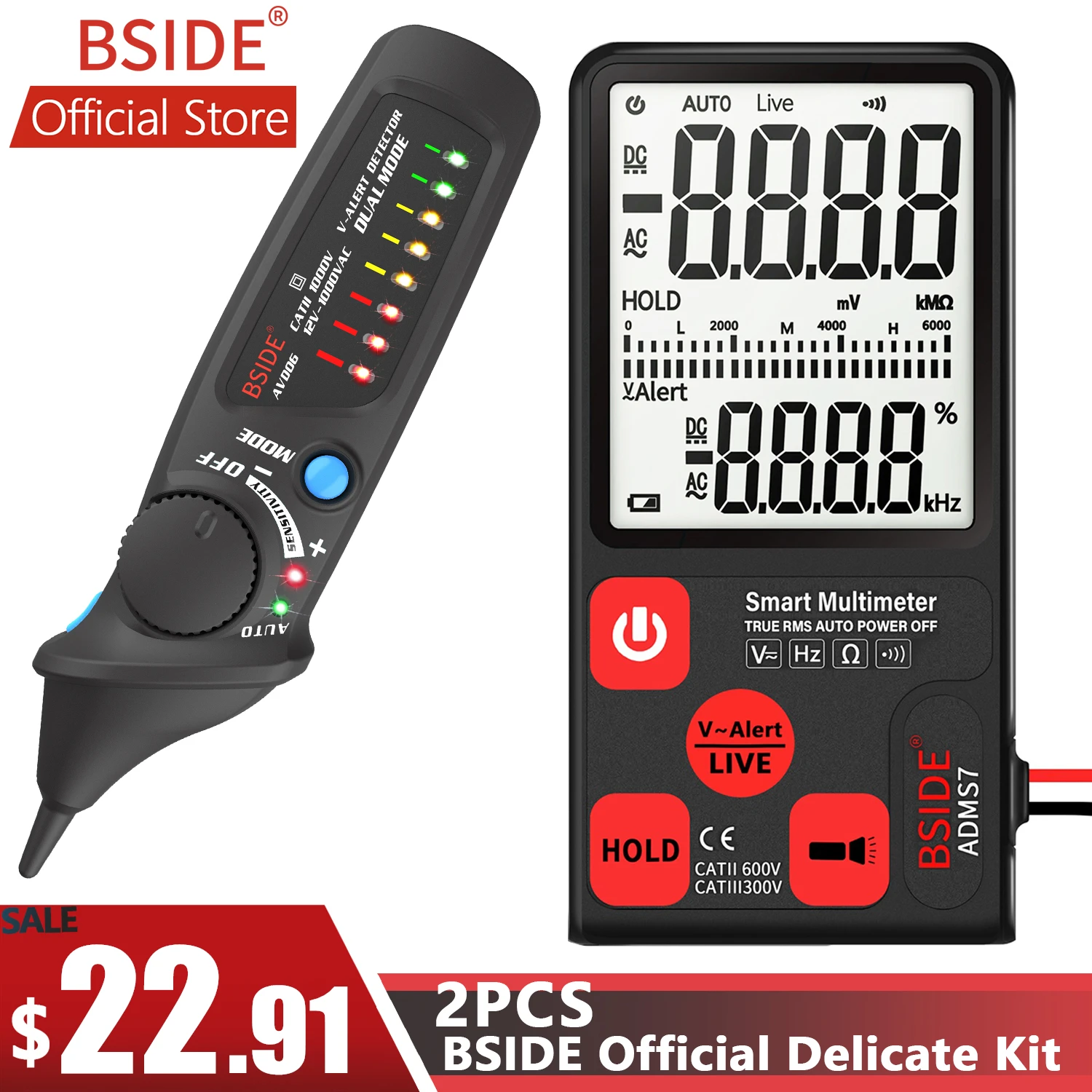 

BSIDE ADMS7 Smart Digital Multimeter 3.5'' LCD 3-Line Display Voltmeter with Analog Bargraph DMM with AVD06 Voltage Detector Kit