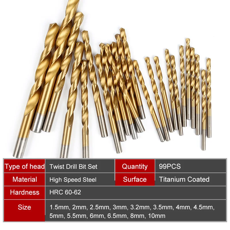 99pcs Twist Drill Bit Set Saw Set HSS High-speed Steel Drill Metal Wood Tool Woodworking 1.5/2/2.5/3/3.2/3.5/4/4.5/6.5/8/10mm