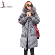 Верхняя одежда новая мода зима Для женщин куртка-пуховик на 80% белом утином пуху средней длины пуховик большой из натурального меха енота парки с капюшоном XY370