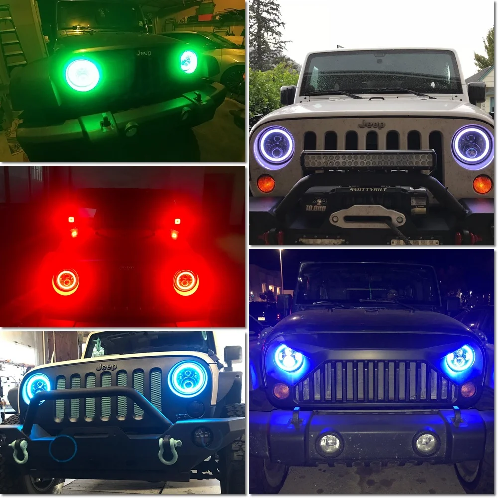 2шт RGB Halo Angel Eye Bluetooth дистанционный 7 дюймовый налобный фонарь для 1997 ~ 2016 Jeep Wrangler JK LJ