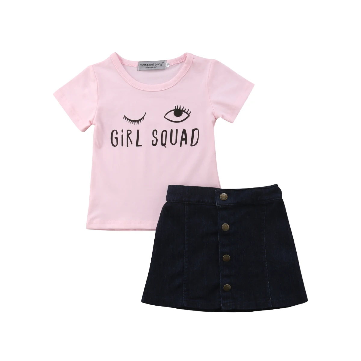 

Lovely Toddler Kids Baby Girl Short Sleeve Eyelash T-shirt Tops+A-line Denim Skirt 2PCS Outfits Fashion Clothes Set