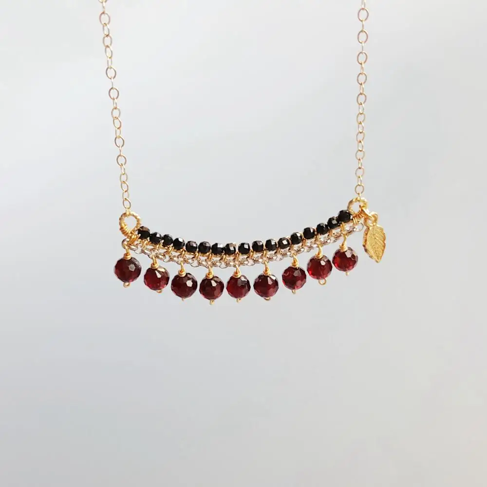 

Lii Ji Genuine Stone Black Spinel Garnet S925 Sterling Silver Leaf 9K-GF and Silver Chain Delicated Handmade Necklace 40cm+5cm