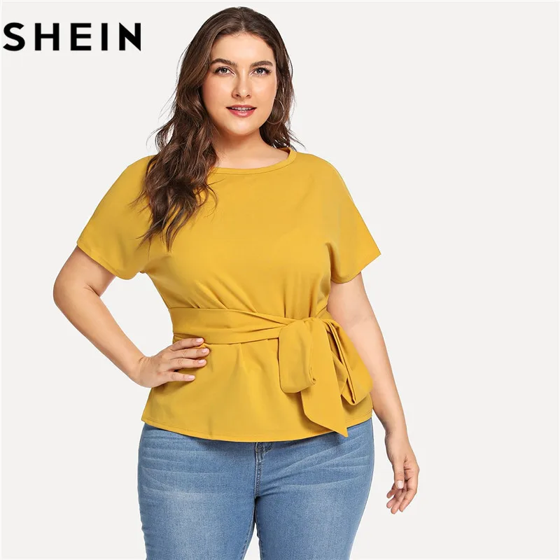 SHEIN Повседневная Блузка Размера Плюс С Поясом, Яркая Однотонная Блузка С Коротким Рукавом