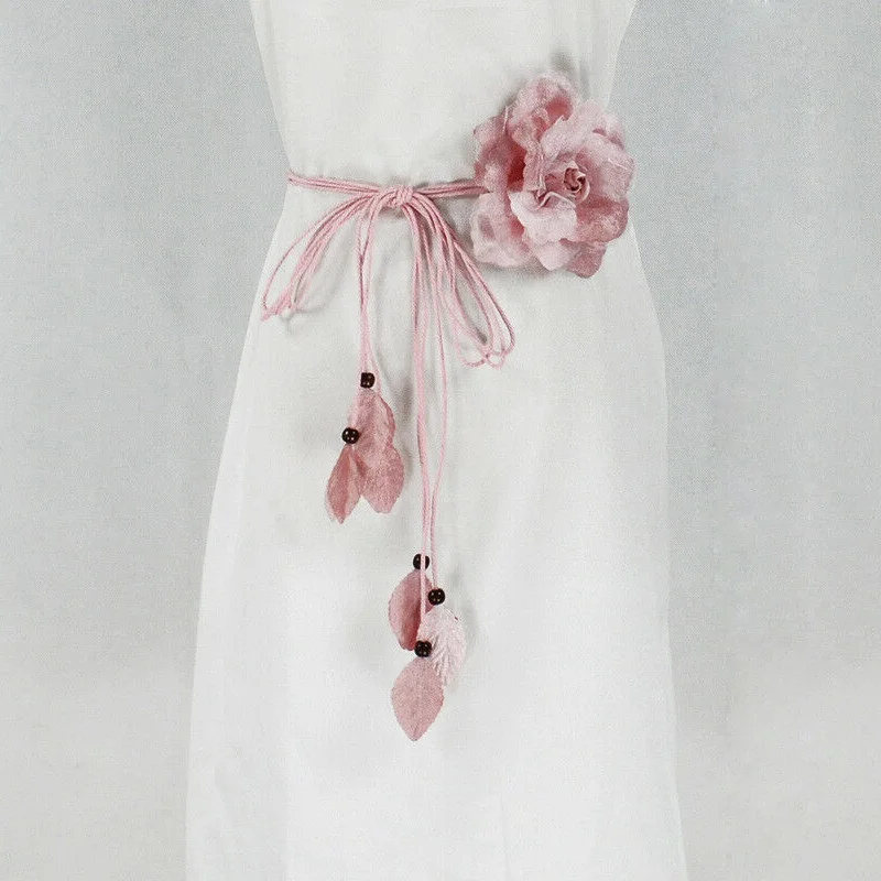 Повседневный шифоновый женский тонкий пояс с большим цветком, милое украшение с кисточками и тесьмой, элегантное платье ручной работы с цветком - Цвет: Розовый