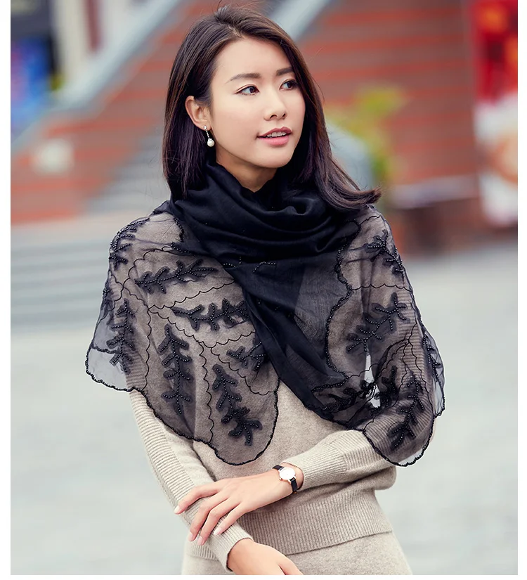 

high quality Bohemia handmade gray black embroidery beaded pipe sequins wool scarf Shawl size:60*185cm(dry cleaning)