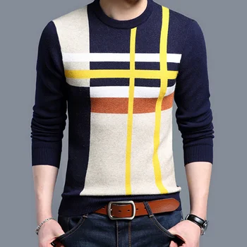 

Men Spell Color Striped Sweater Knitted Pullover Casual Slim Fit Men's Sweaters 2020 Autumn Winter Long Sleeve Thick Tops