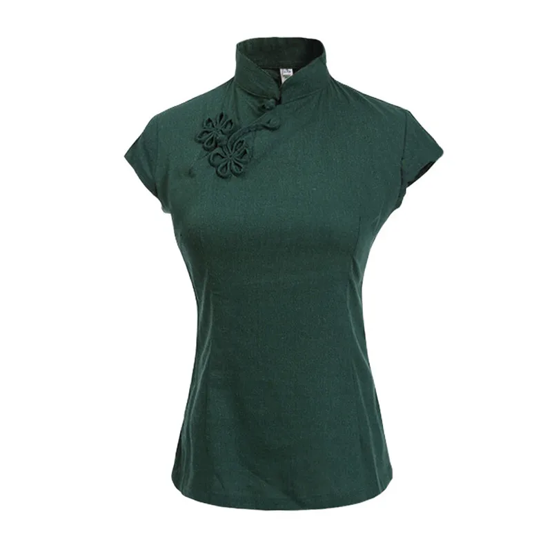 Achat Sexy Vert Solide Femelle Coton Linen Shirt À Manches Courtes Chinois Femmes Mandarin Collar Blouse Nouveauté Bouton Tops S XXL MU473