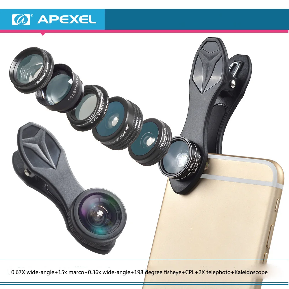 

7 in 1 APEXEL HD 0.63X wide-angle+198 Degree Fisheye+15X Macro Lens+CPL+Six Ling region+2X Telepoto lens+0.36X Spuer wide angle