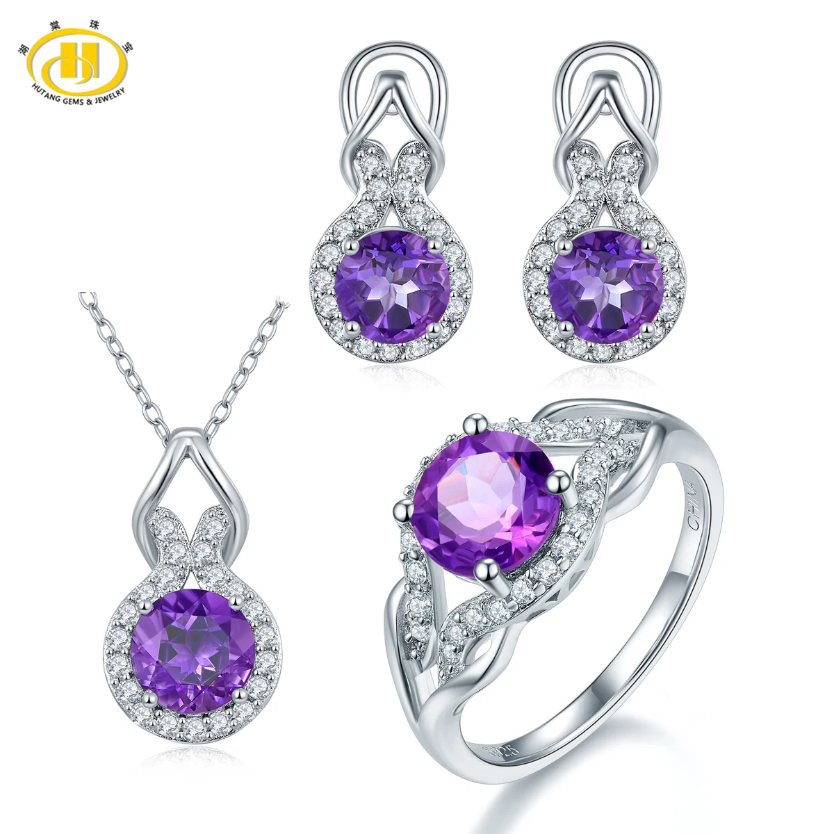 

Hutang Natural Amethyst Solid 925 Sterling Silver Jewerly Sets Earrings Pendant Ring Gemstone Fine Jewelry High Quality Gift