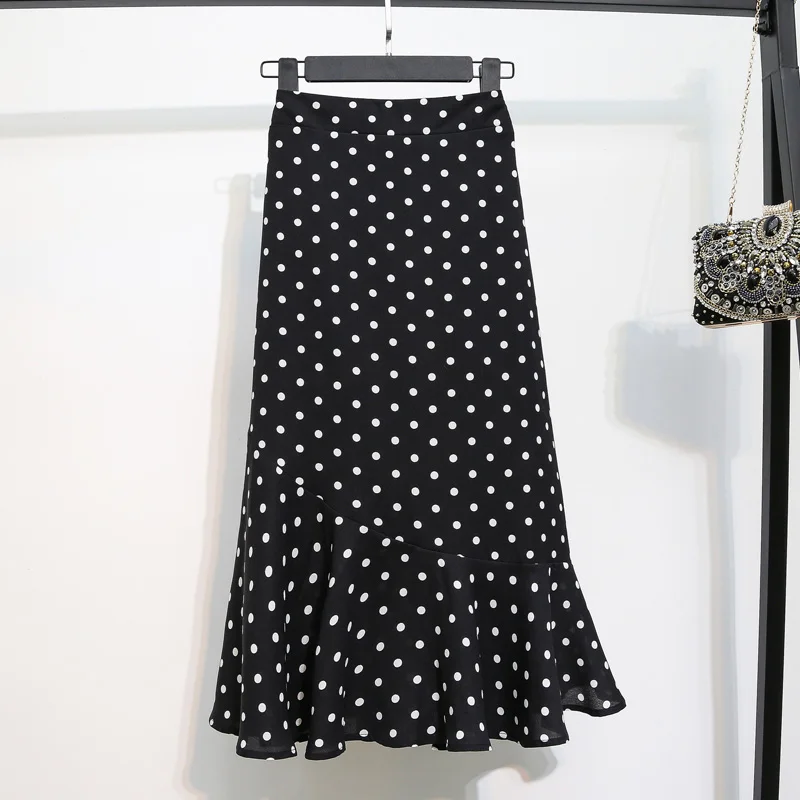 Plus Size 4XL Womens New Summer Chiffon Skirts Ladies Korean Style Solid Black Red Dot Skirts Elegant Chiffon Skirts A320