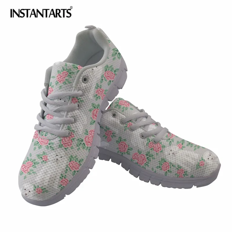 

INSTANTARTS Toy Poodle Floral Bouquet Pet Design Women Lacing Flats Lightweight Mesh Sneakers Ladies Breathable Woman Zapatos