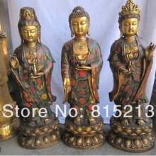 Bi00680 2" Китайский бронза Перегородчатые свинка Западной Шакьямуни Кван Юн Будда 3 боги комплект