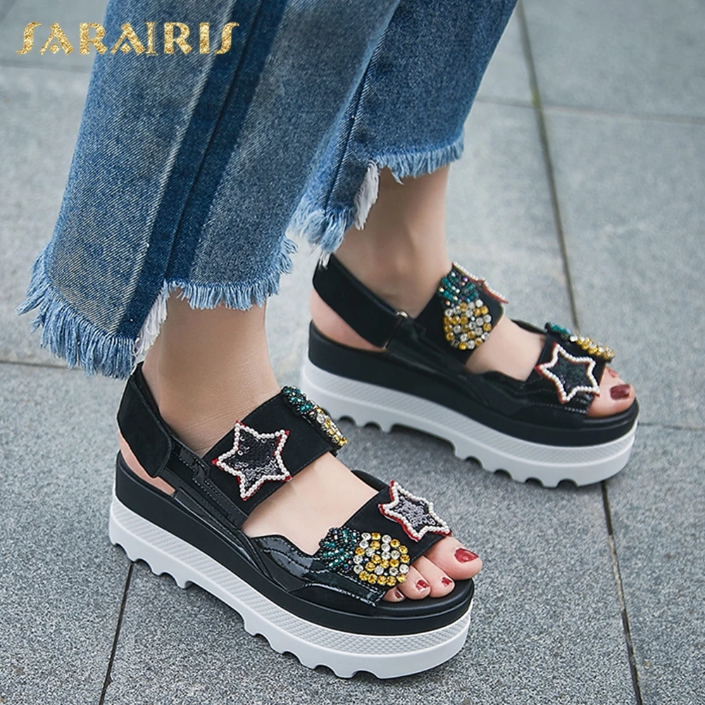 

Brand Fashion INS Craystals Kid Suede Leather Sadanls Woman Flat Platform Sandals Ladies High Heels Women Shoes Woman