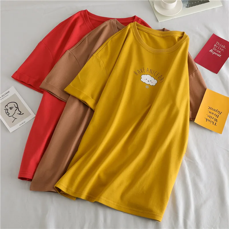 

2019 Summer New Women's T-shirt Korean Fashion Casual Cute Cloud Print Female Tshirts Loose O-Neck Short Sleeve Tees Top 80s 90s