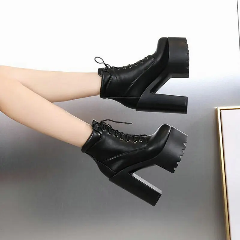 

Women Rock Punk Ankle short Chivalry Martin Boots Biker Lita Platform Block Ultra Super High Heel 14cm Bota Chelsea Shoes UU-88