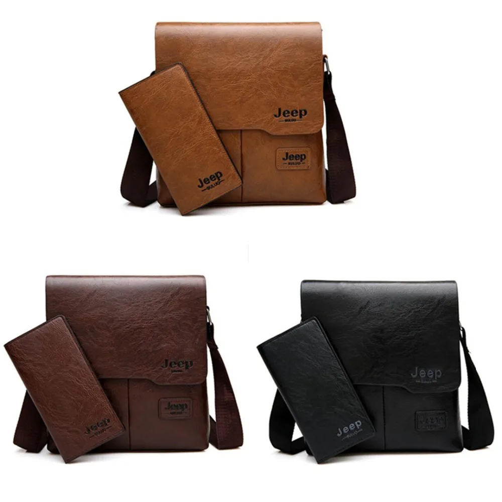 JEEP BULUO Man Messenger Bag 2 Set Men Pu Leather Shoulder Bags Business