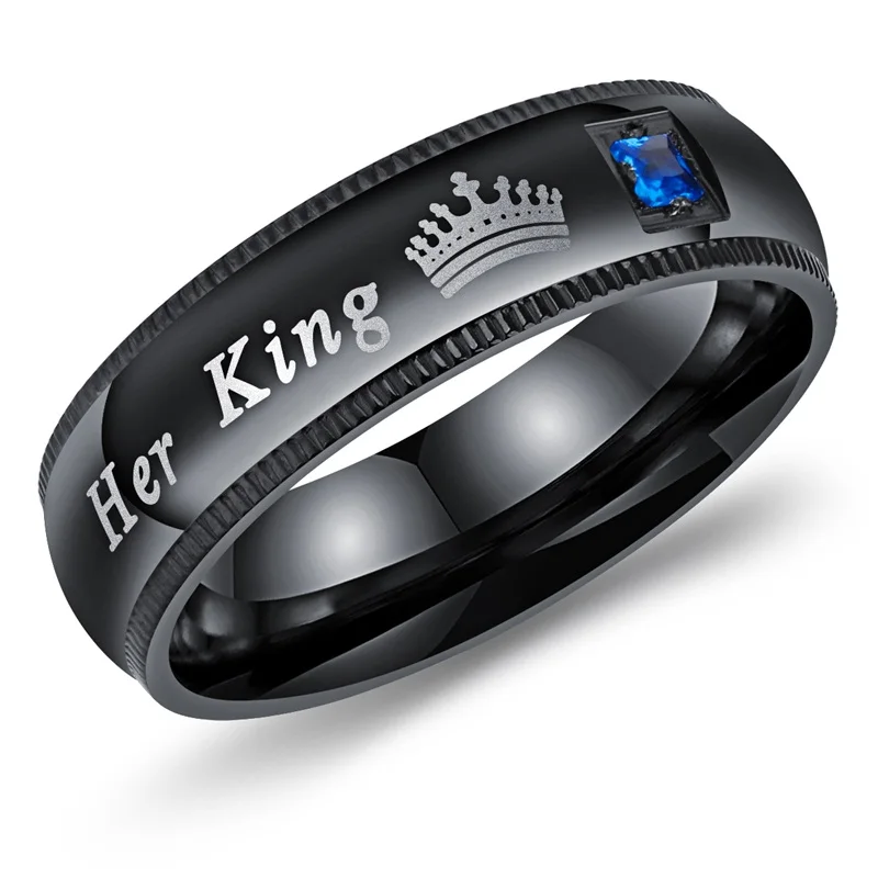 V. YA Her King& His queen индивидуальные Кристальные каменные короны кольца для пары дизайн нержавеющая сталь черное выгравированное кольцо для влюбленных - Цвет основного камня: Ring for men