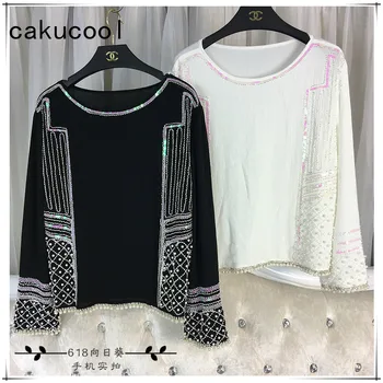 

Cakucool Women Spring Long Sleeve Blouses Pearl Beading Chiffon Blusas O-neck Sequined Loose Elegant Bling Pullover Blouses Lady