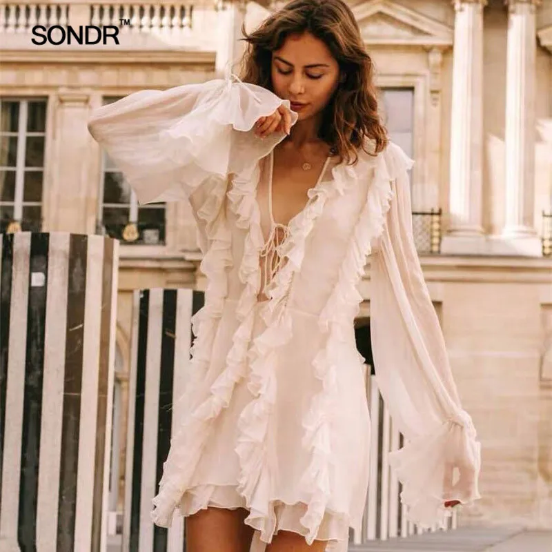 

SONDR 2019 Spring Designer Dress Women Sexy Bandage V Neck Ruffles Mini Chiffon Dresses Female Holiday Vacation Dress