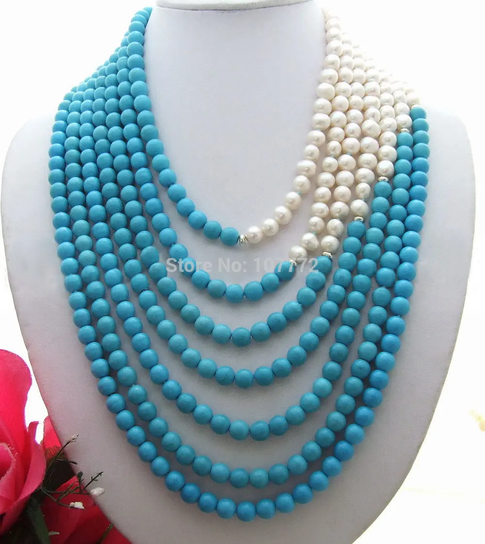 

7 strands 9 mm Pearl&Blue Semi-precious Stone Necklace free shipment