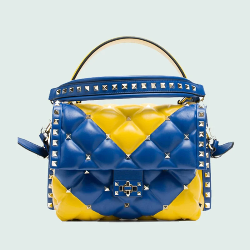 Новая модная женская сумка через плечо из овечьей кожи, роскошная сумка из натуральной кожи, женские сумки, дизайнерские сумки в заклепках для женщин - Цвет: Yellow-Blue