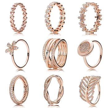

Rose Gold Color 9 Style Women 925 Sterling Silver Rings With Rose Gold Color Heart Flower Leaf Crystal Style For Women Jewelry