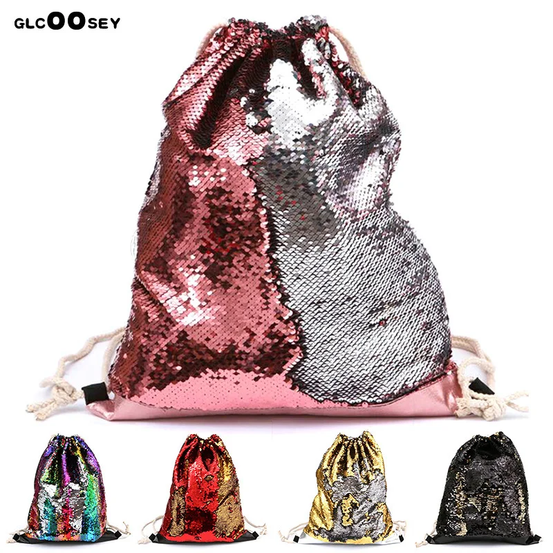 Для женщин платье русалки с блёстками спортивная сумка-мешок с двойным Цвет для девочек с блестящими пайетками, для отдыха на открытом воздухе Рюкзак для бега на груди сумка-мешок